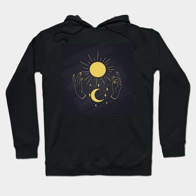 Hands Holding Sun Ray And Moon Crescent, Minimal Wall Art Hoodie by Modern Art